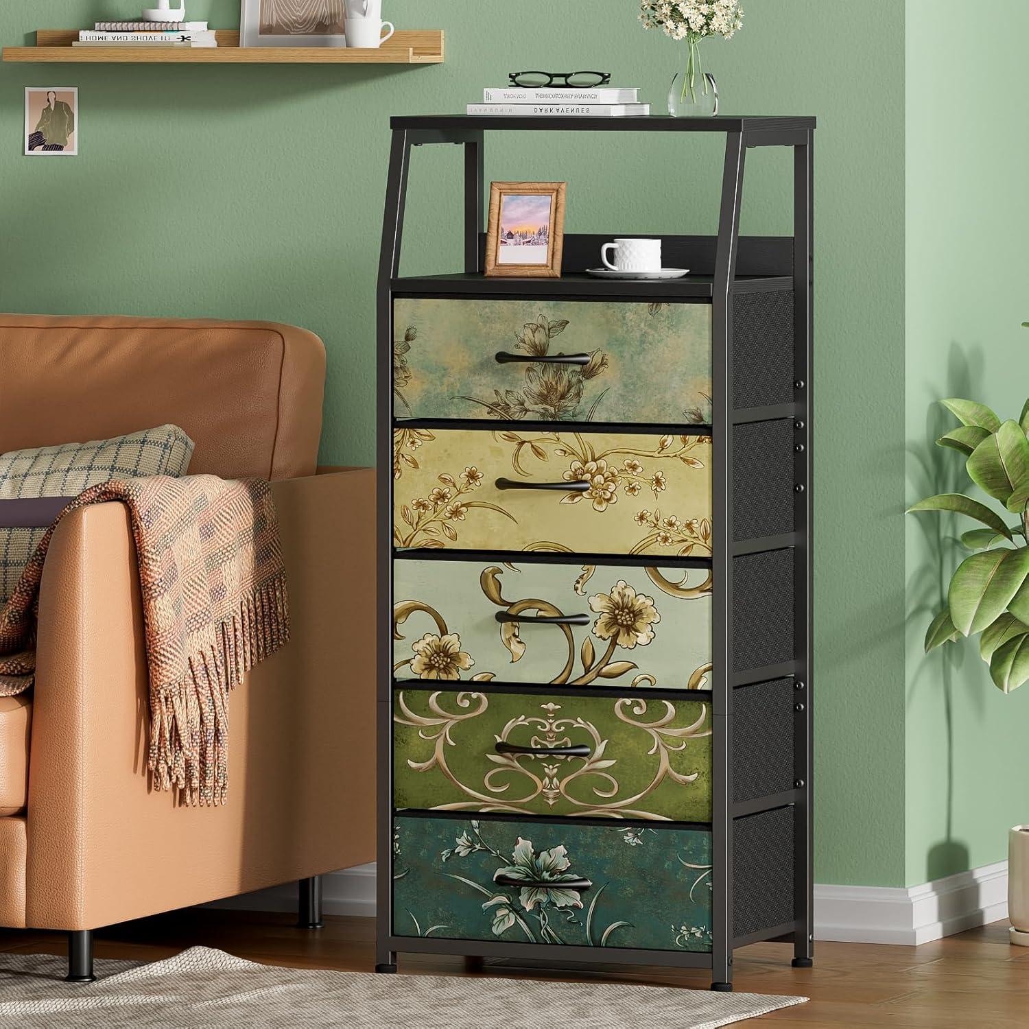 imageFurnulem White Nightstand with 3 Drawers and 2Tier Shelf Small Night Stand End Table Side Furniture Fabric Storage Organizer for Bedroom Closet Hallway Nursery Sturdy Steel Frame Wood TopVintage Floral