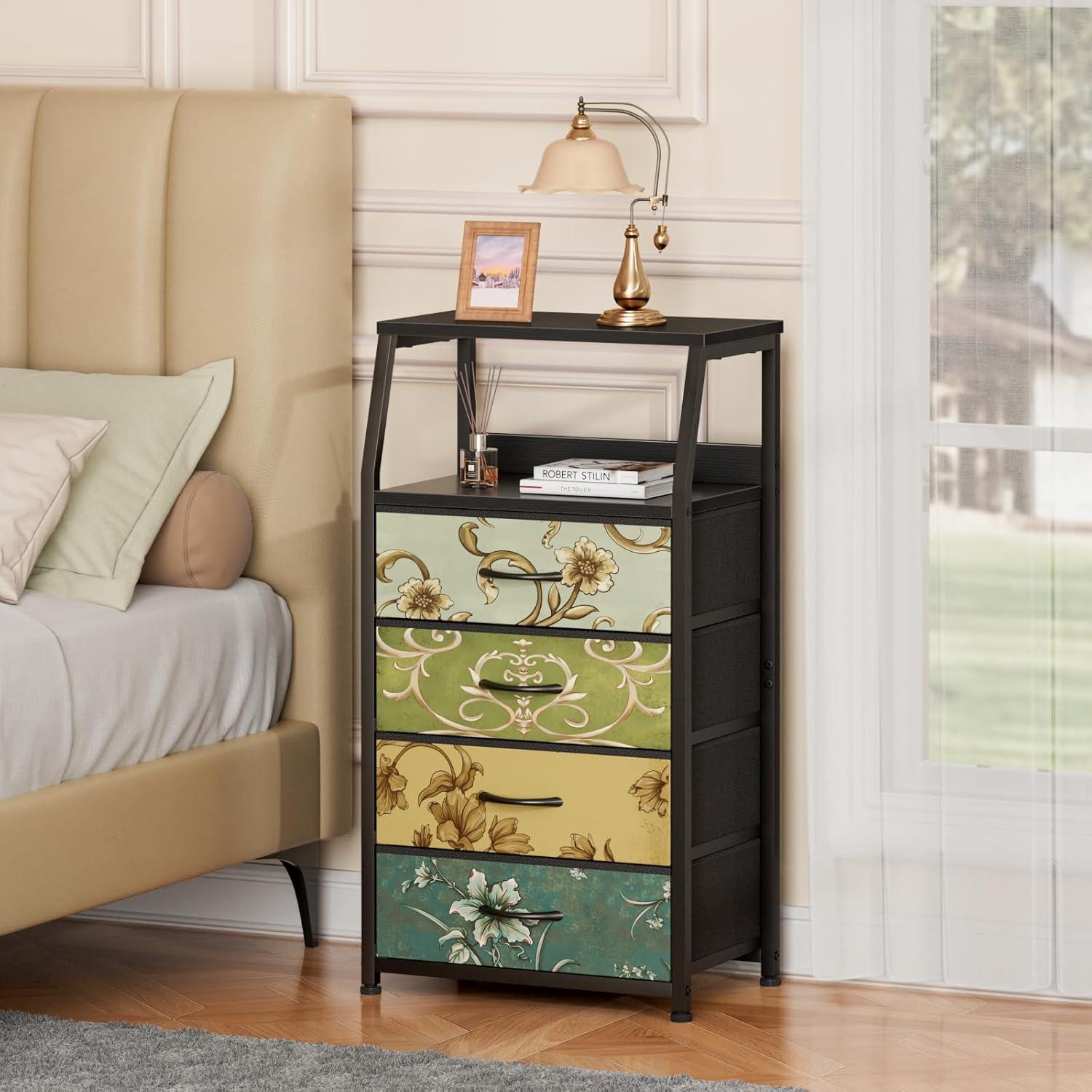 imageFurnulem White Nightstand with 3 Drawers and 2Tier Shelf Small Night Stand End Table Side Furniture Fabric Storage Organizer for Bedroom Closet Hallway Nursery Sturdy Steel Frame Wood TopVintage Floral