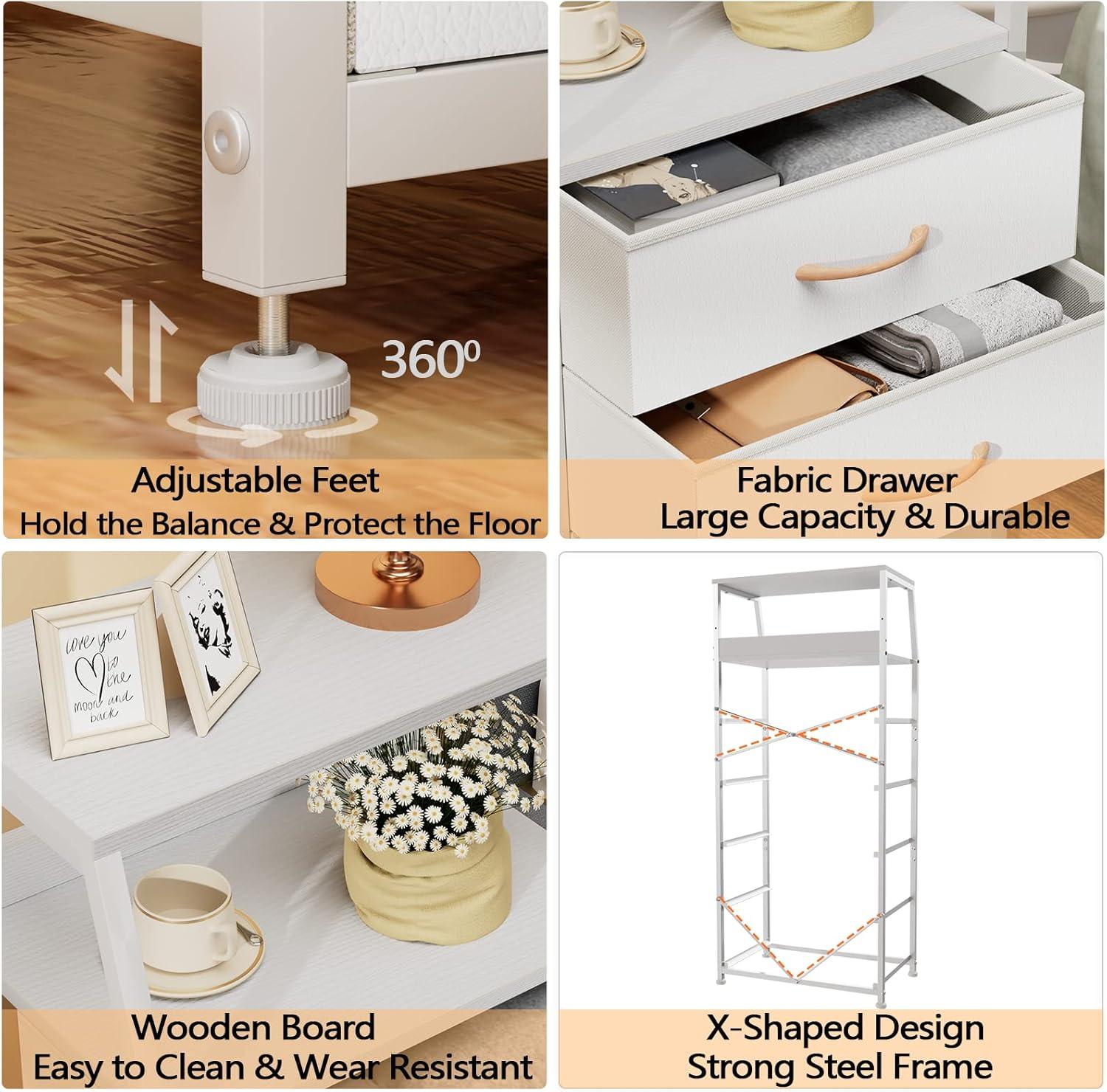 imageFurnulem White Nightstand with 3 Drawers and 2Tier Shelf Small Night Stand End Table Side Furniture Fabric Storage Organizer for Bedroom Closet Hallway Nursery Sturdy Steel Frame Wood TopWhite