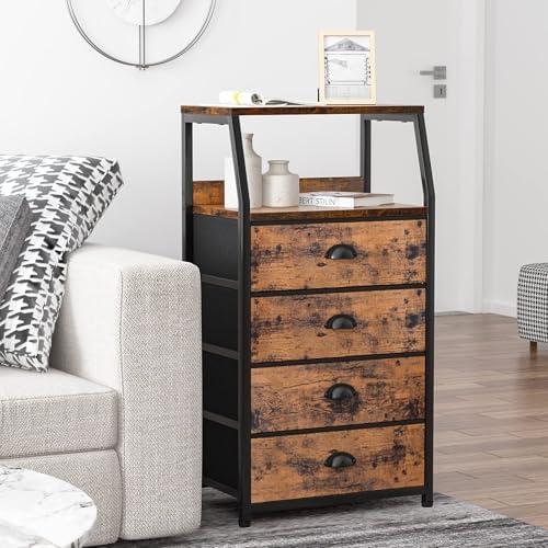 imageFurnulem White Nightstand with 3 Drawers and 2Tier Shelf Small Night Stand End Table Side Furniture Fabric Storage Organizer for Bedroom Closet Hallway Nursery Sturdy Steel Frame Wood TopRustic Brown