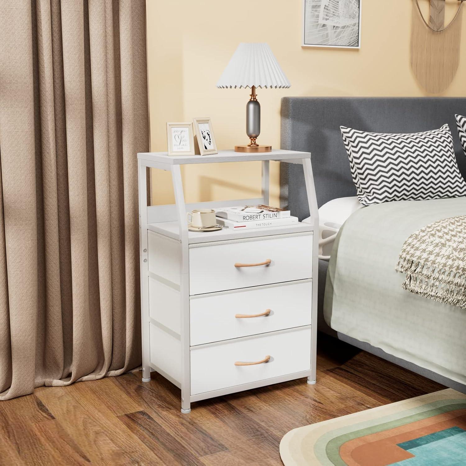 imageFurnulem White Nightstand with 3 Drawers and 2Tier Shelf Small Night Stand End Table Side Furniture Fabric Storage Organizer for Bedroom Closet Hallway Nursery Sturdy Steel Frame Wood TopWhite