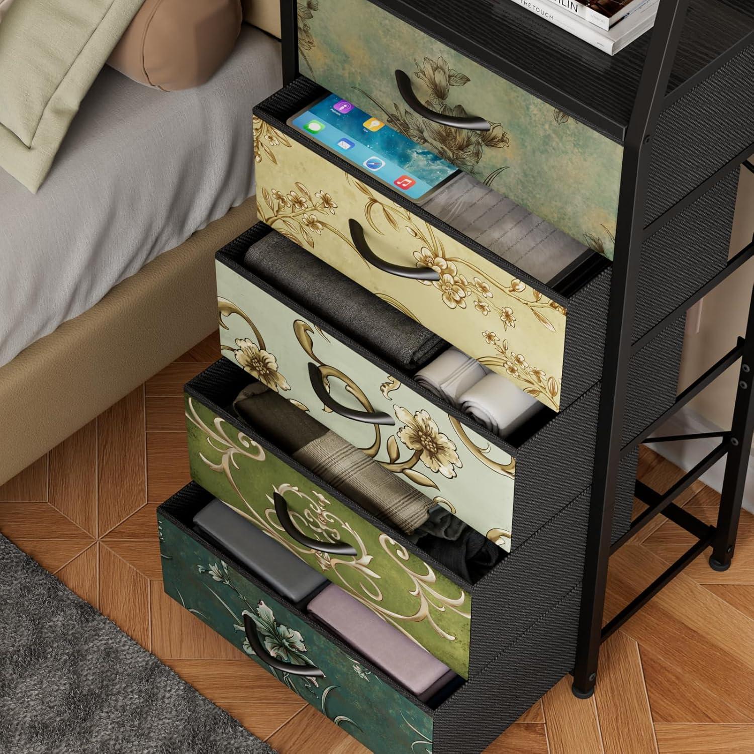 imageFurnulem White Nightstand with 3 Drawers and 2Tier Shelf Small Night Stand End Table Side Furniture Fabric Storage Organizer for Bedroom Closet Hallway Nursery Sturdy Steel Frame Wood TopVintage Floral