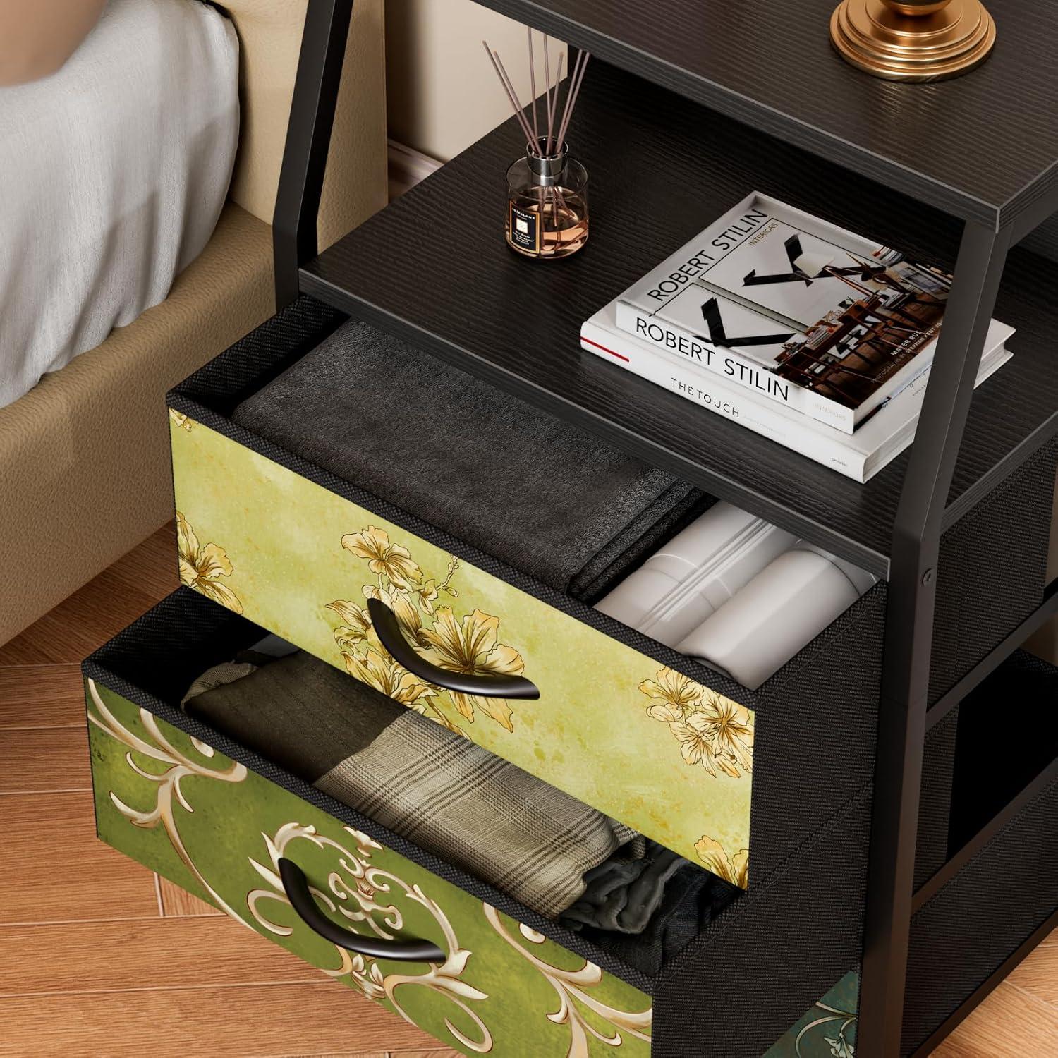 imageFurnulem White Nightstand with 3 Drawers and 2Tier Shelf Small Night Stand End Table Side Furniture Fabric Storage Organizer for Bedroom Closet Hallway Nursery Sturdy Steel Frame Wood TopVintage Floral