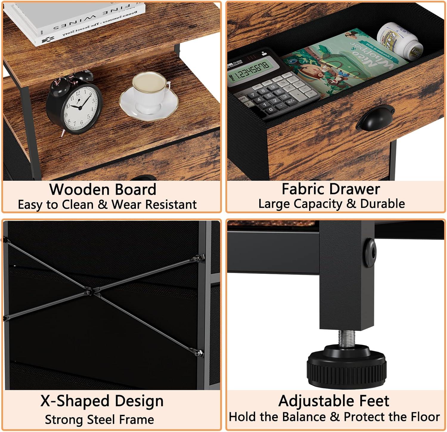 imageFurnulem White Nightstand with 3 Drawers and 2Tier Shelf Small Night Stand End Table Side Furniture Fabric Storage Organizer for Bedroom Closet Hallway Nursery Sturdy Steel Frame Wood TopRustic Brown