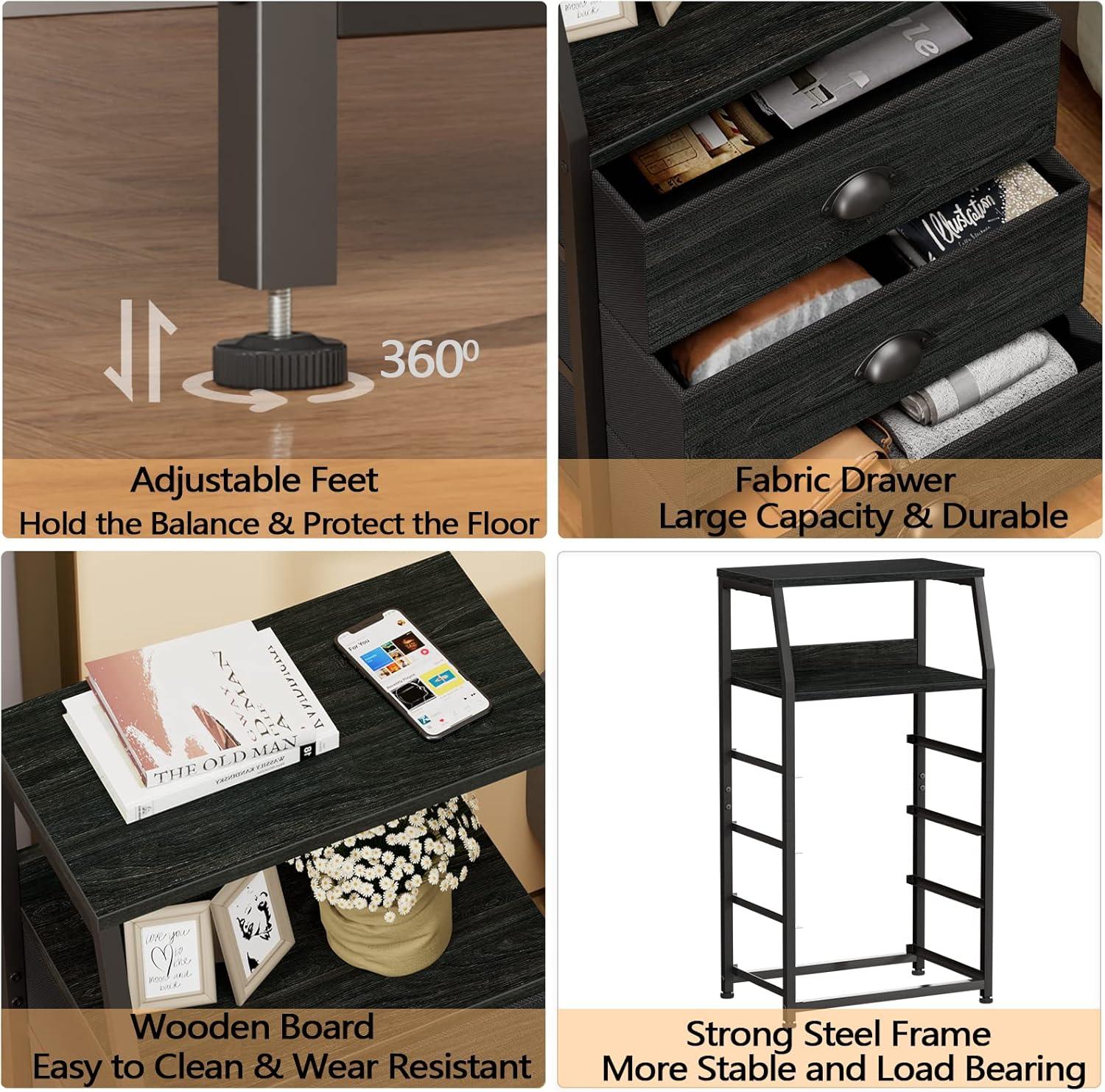 imageFurnulem White Nightstand with 3 Drawers and 2Tier Shelf Small Night Stand End Table Side Furniture Fabric Storage Organizer for Bedroom Closet Hallway Nursery Sturdy Steel Frame Wood TopBlack Oak