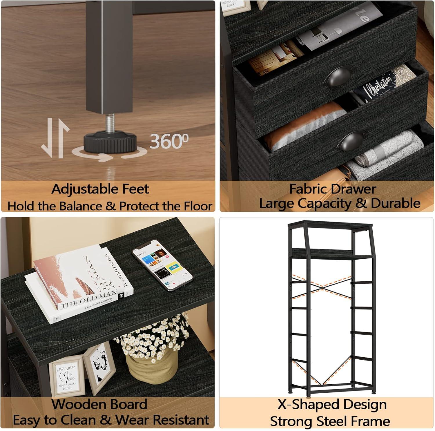 imageFurnulem White Nightstand with 3 Drawers and 2Tier Shelf Small Night Stand End Table Side Furniture Fabric Storage Organizer for Bedroom Closet Hallway Nursery Sturdy Steel Frame Wood TopBlack Oak