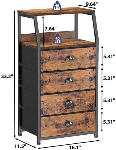 imageFurnulem White Nightstand with 3 Drawers and 2Tier Shelf Small Night Stand End Table Side Furniture Fabric Storage Organizer for Bedroom Closet Hallway Nursery Sturdy Steel Frame Wood TopRustic Brown