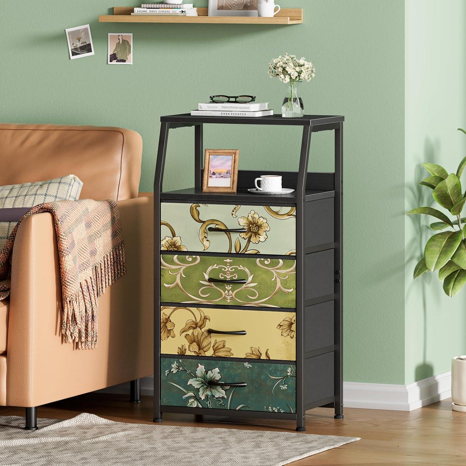 imageFurnulem White Nightstand with 3 Drawers and 2Tier Shelf Small Night Stand End Table Side Furniture Fabric Storage Organizer for Bedroom Closet Hallway Nursery Sturdy Steel Frame Wood TopVintage Floral