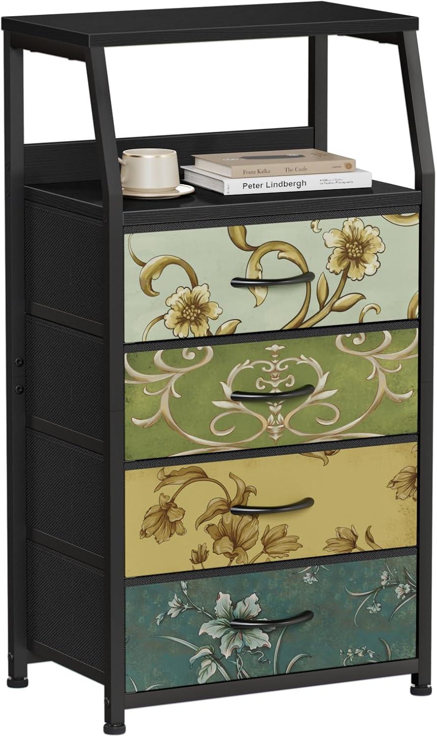 imageFurnulem White Nightstand with 3 Drawers and 2Tier Shelf Small Night Stand End Table Side Furniture Fabric Storage Organizer for Bedroom Closet Hallway Nursery Sturdy Steel Frame Wood TopVintage Floral