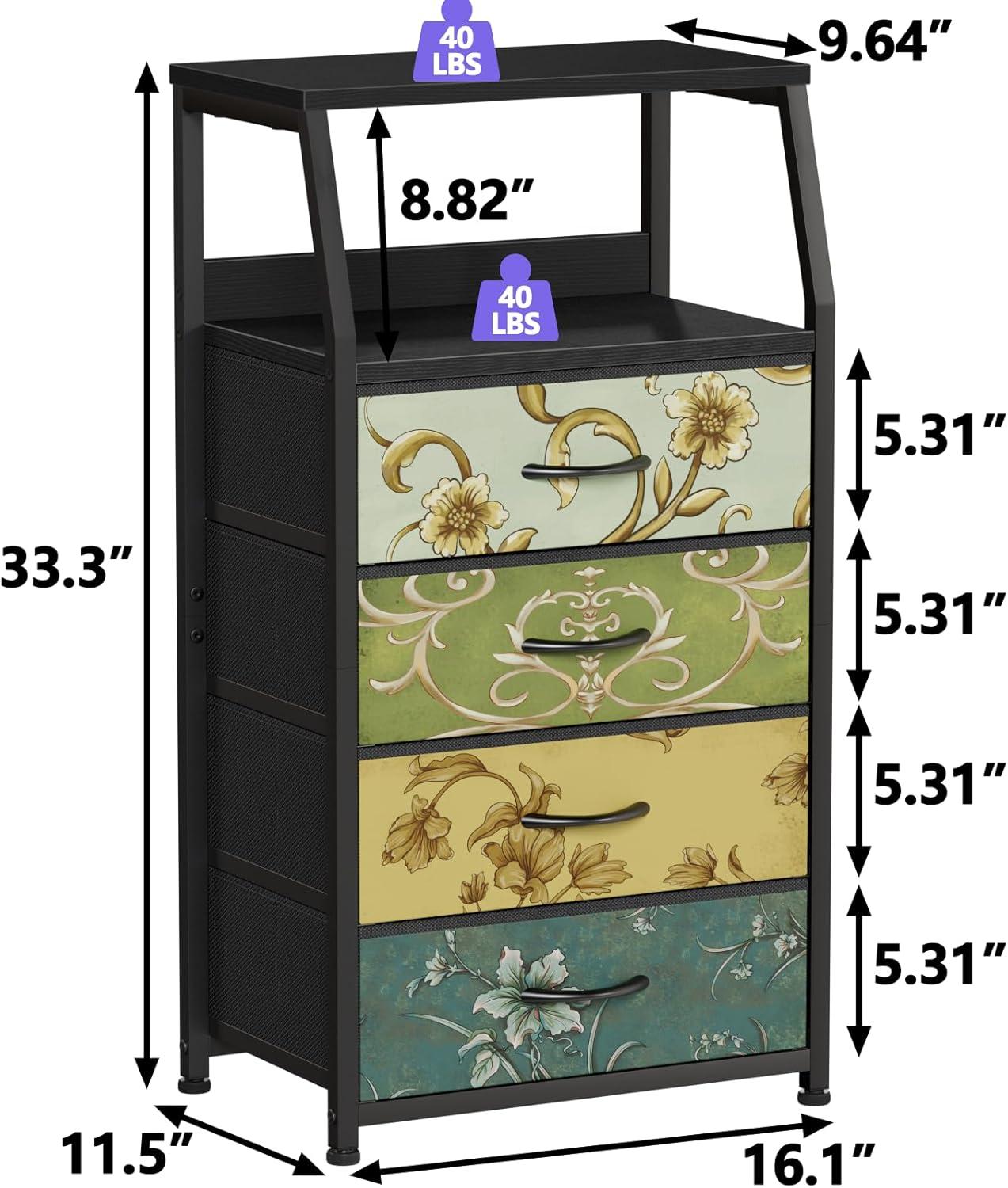 imageFurnulem White Nightstand with 3 Drawers and 2Tier Shelf Small Night Stand End Table Side Furniture Fabric Storage Organizer for Bedroom Closet Hallway Nursery Sturdy Steel Frame Wood TopVintage Floral