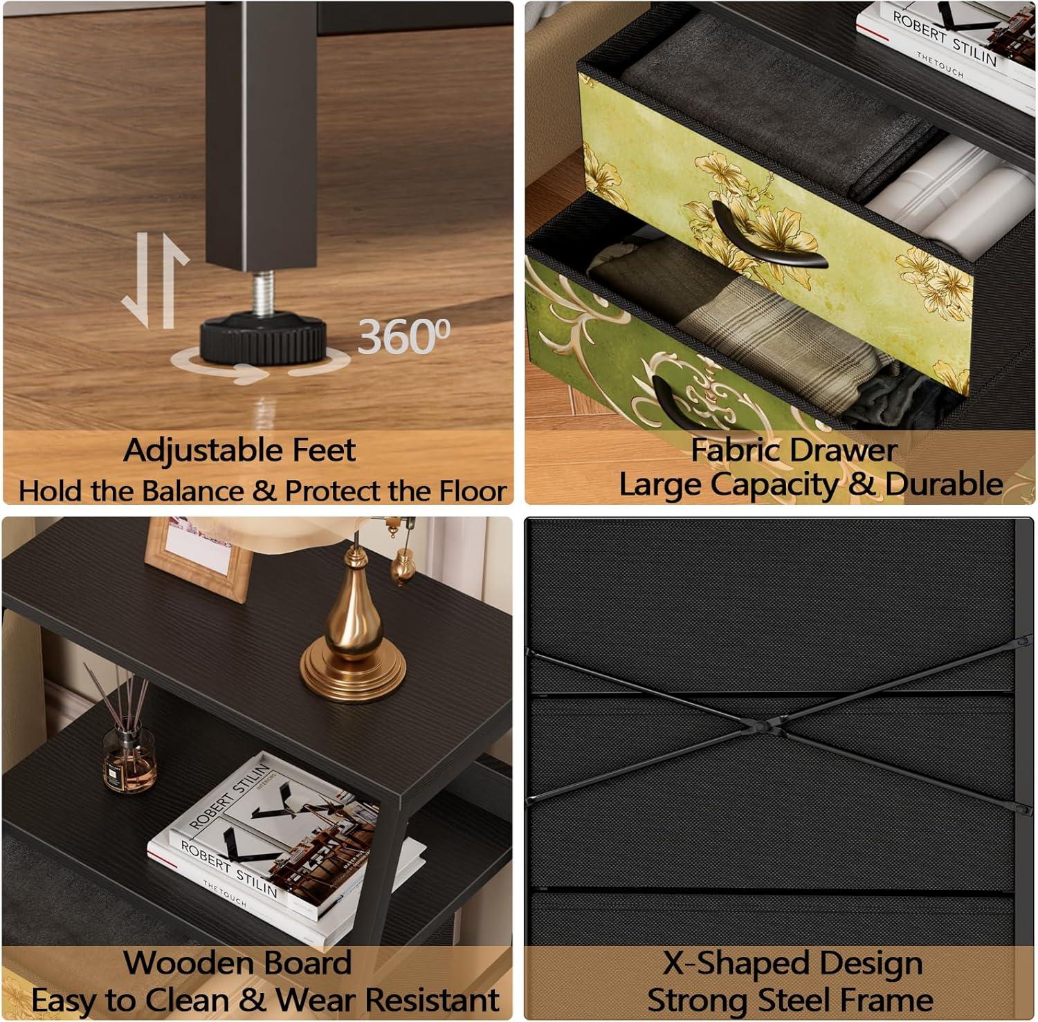 imageFurnulem White Nightstand with 3 Drawers and 2Tier Shelf Small Night Stand End Table Side Furniture Fabric Storage Organizer for Bedroom Closet Hallway Nursery Sturdy Steel Frame Wood TopVintage Floral