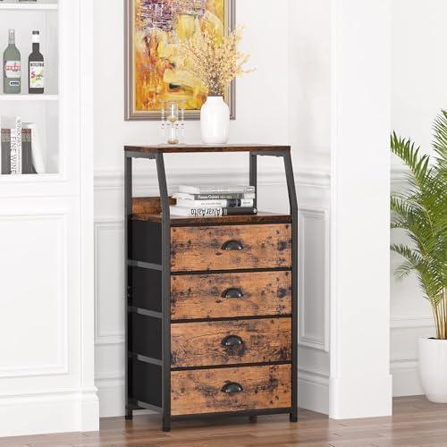 imageFurnulem White Nightstand with 3 Drawers and 2Tier Shelf Small Night Stand End Table Side Furniture Fabric Storage Organizer for Bedroom Closet Hallway Nursery Sturdy Steel Frame Wood TopRustic Brown