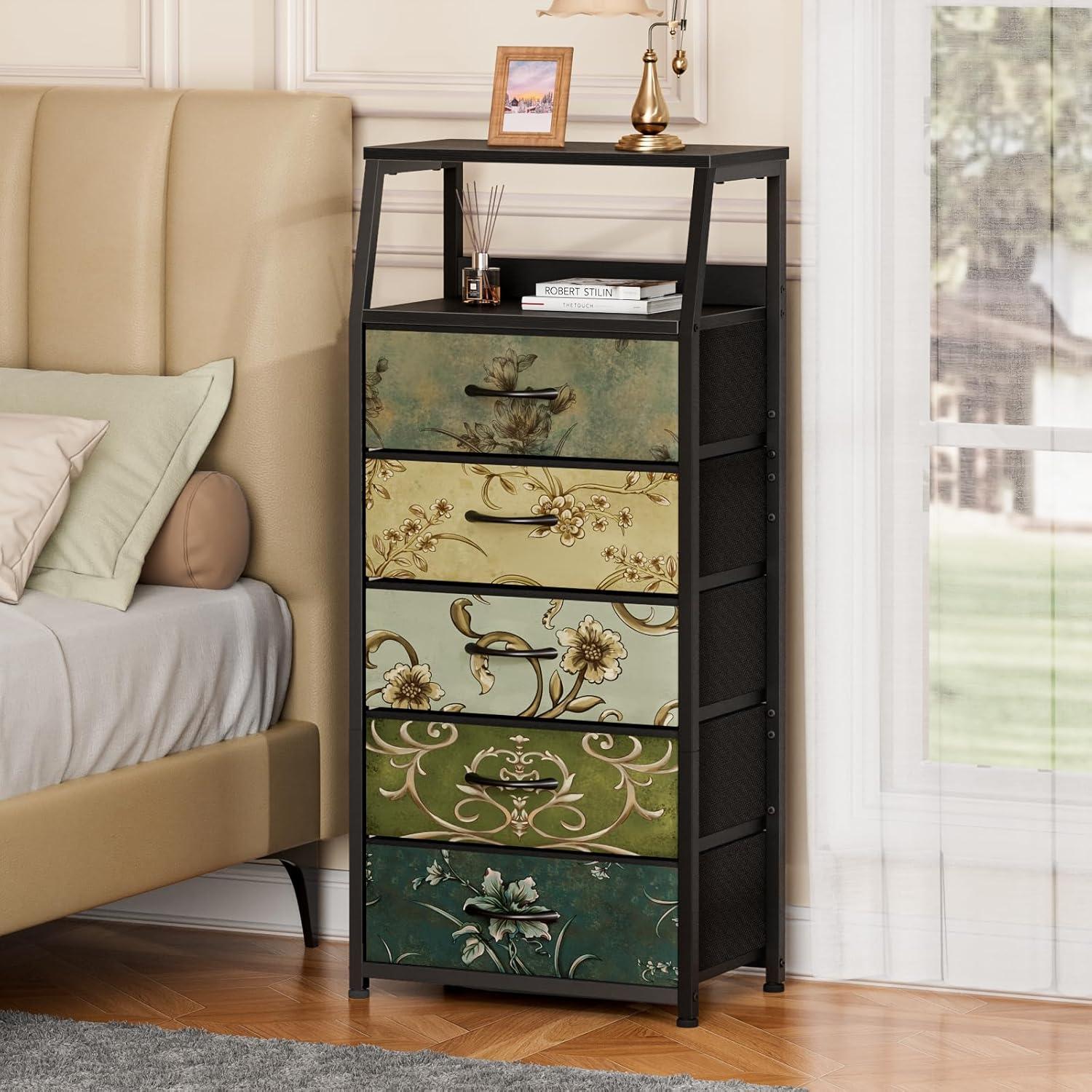 imageFurnulem White Nightstand with 3 Drawers and 2Tier Shelf Small Night Stand End Table Side Furniture Fabric Storage Organizer for Bedroom Closet Hallway Nursery Sturdy Steel Frame Wood TopVintage Floral