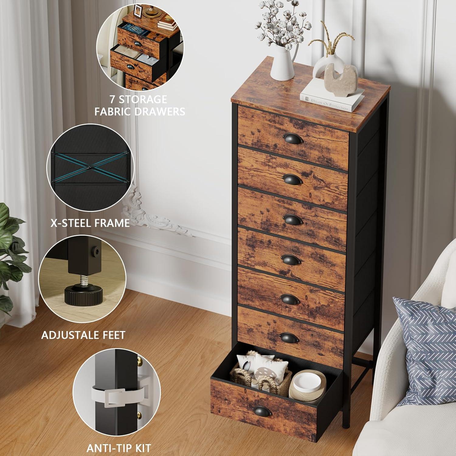 imageFurnulem White Tall Dresser for BedroomVertical Storage Tower Unit and End Table with 6 Fabric Drawers Nightstand Furniture with Drawer Organizer in Living RoomClosetEntrywayHallywayRustic Brown