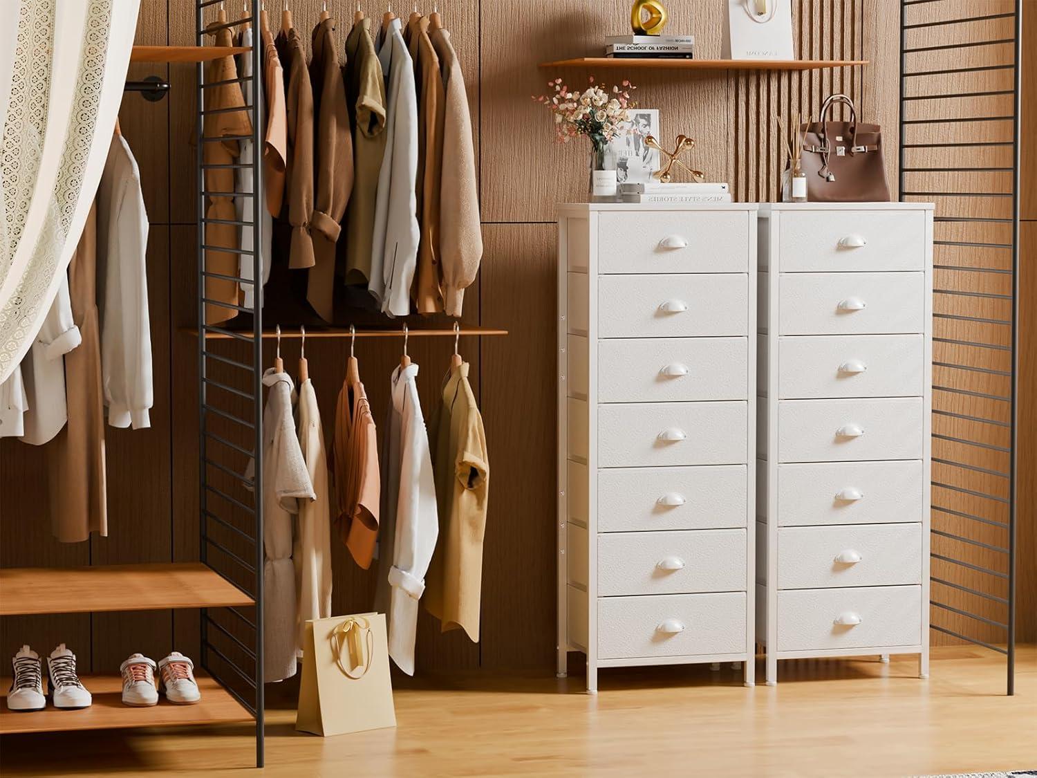 imageFurnulem White Tall Dresser for BedroomVertical Storage Tower Unit and End Table with 6 Fabric Drawers Nightstand Furniture with Drawer Organizer in Living RoomClosetEntrywayHallywayWhite