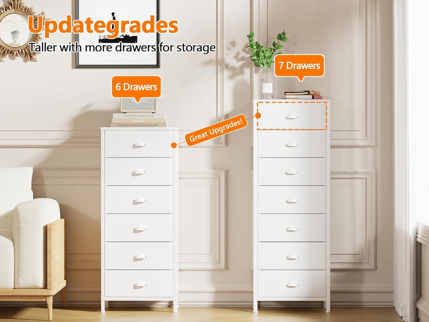 imageFurnulem White Tall Dresser for BedroomVertical Storage Tower Unit and End Table with 6 Fabric Drawers Nightstand Furniture with Drawer Organizer in Living RoomClosetEntrywayHallywayWhite