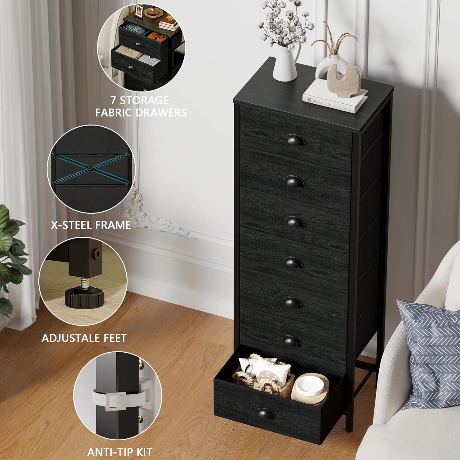 imageFurnulem White Tall Dresser for BedroomVertical Storage Tower Unit and End Table with 6 Fabric Drawers Nightstand Furniture with Drawer Organizer in Living RoomClosetEntrywayHallywayBlack Oak