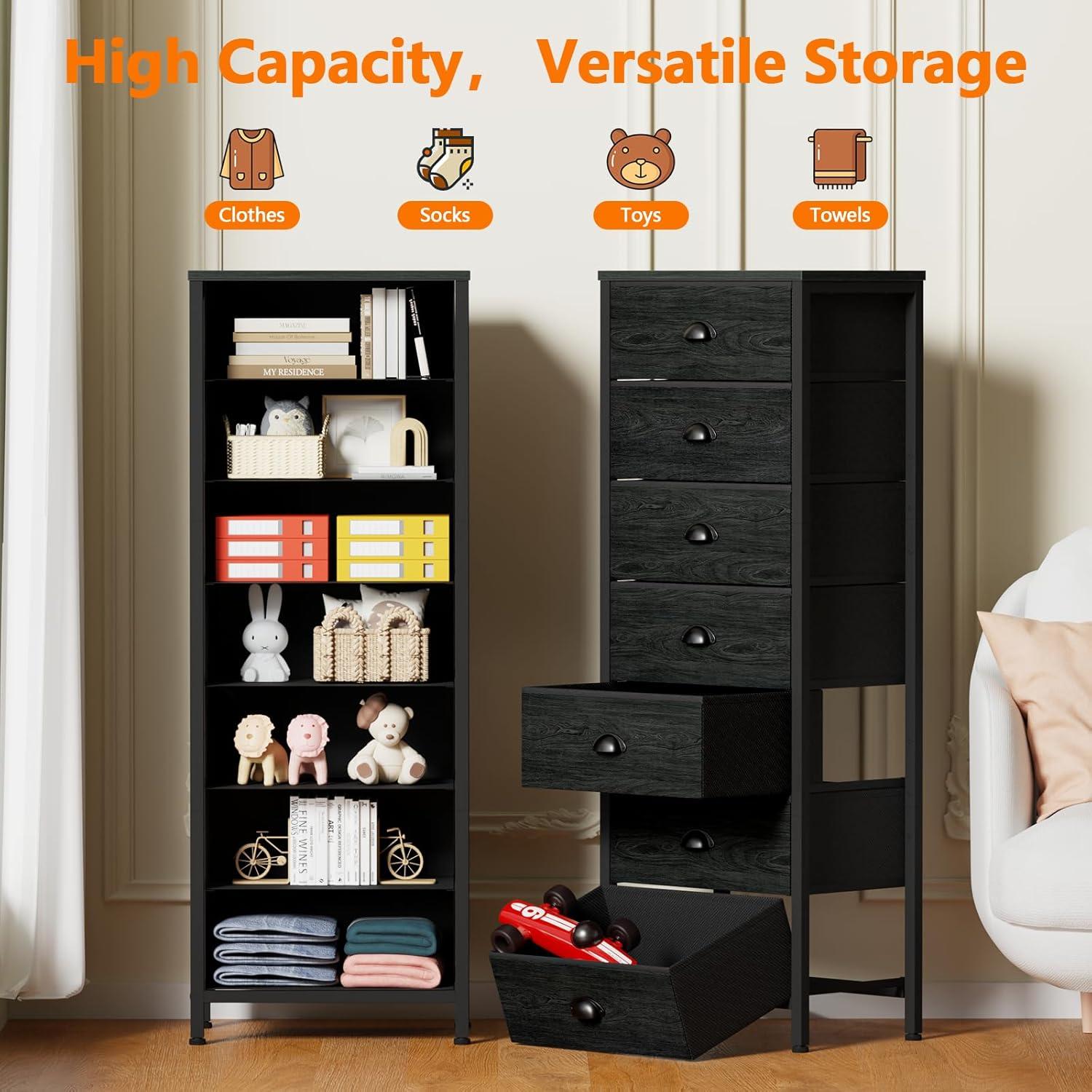 imageFurnulem White Tall Dresser for BedroomVertical Storage Tower Unit and End Table with 6 Fabric Drawers Nightstand Furniture with Drawer Organizer in Living RoomClosetEntrywayHallywayBlack Oak