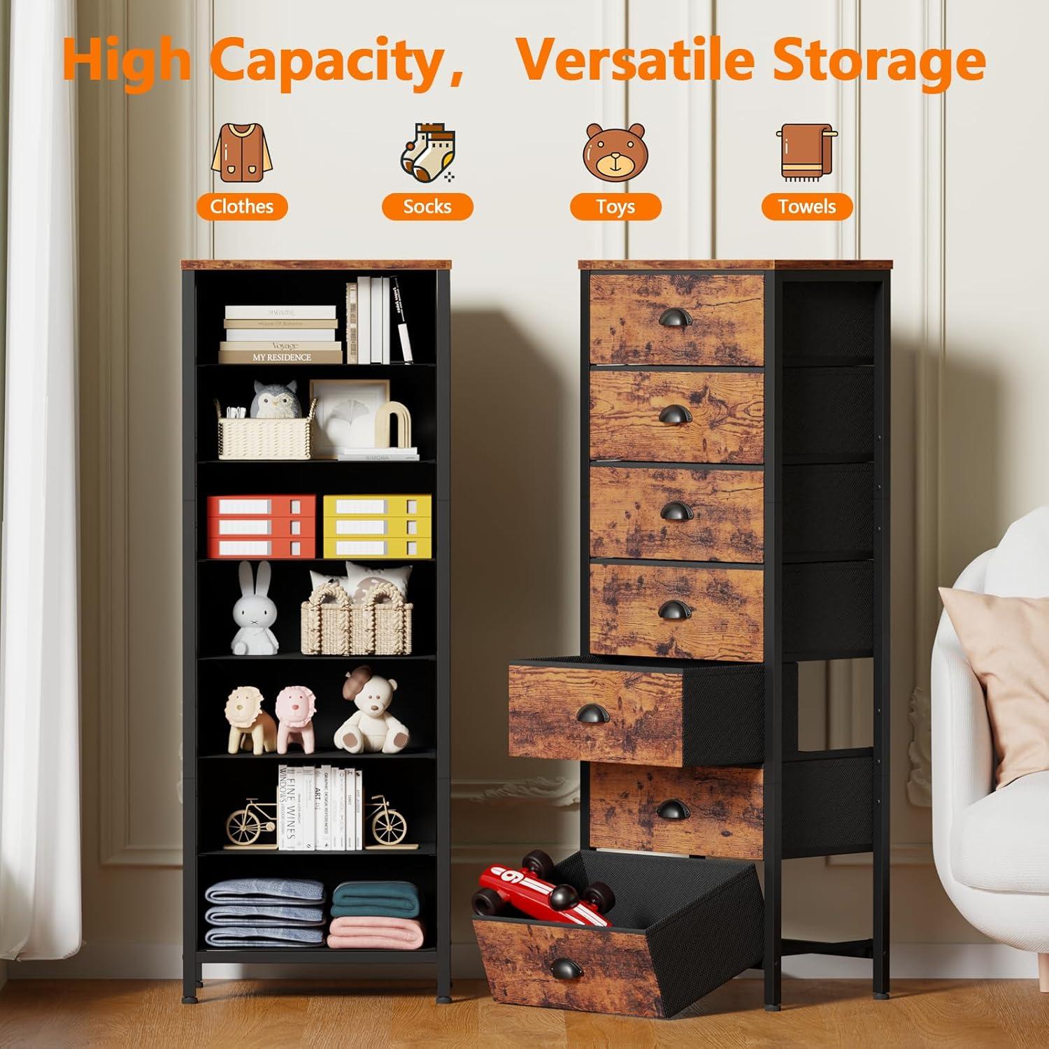 imageFurnulem White Tall Dresser for BedroomVertical Storage Tower Unit and End Table with 6 Fabric Drawers Nightstand Furniture with Drawer Organizer in Living RoomClosetEntrywayHallywayRustic Brown