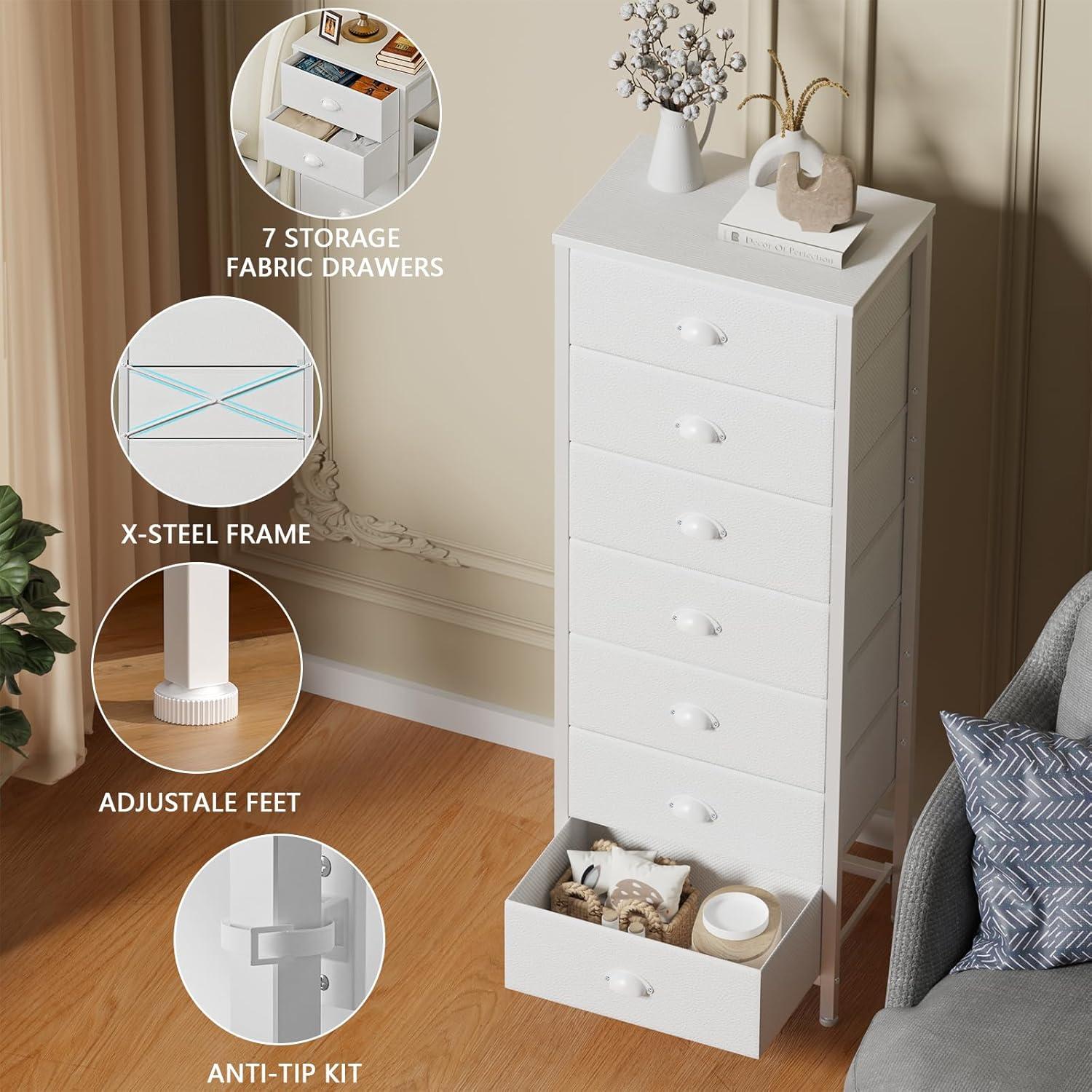 imageFurnulem White Tall Dresser for BedroomVertical Storage Tower Unit and End Table with 6 Fabric Drawers Nightstand Furniture with Drawer Organizer in Living RoomClosetEntrywayHallywayWhite