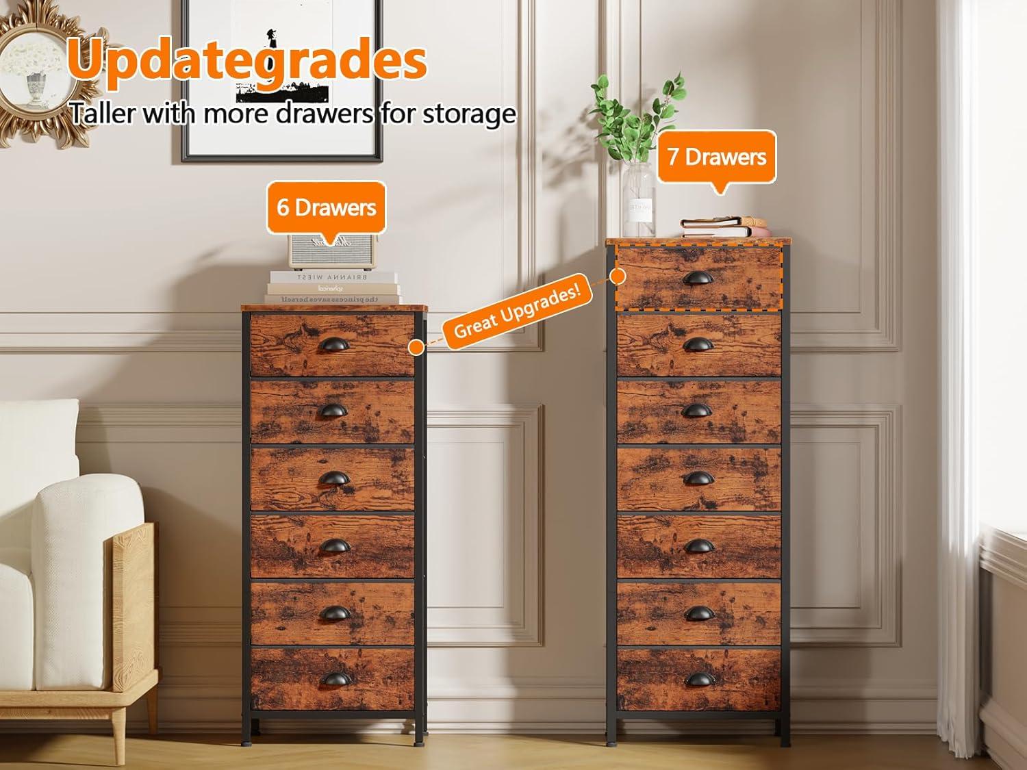 imageFurnulem White Tall Dresser for BedroomVertical Storage Tower Unit and End Table with 6 Fabric Drawers Nightstand Furniture with Drawer Organizer in Living RoomClosetEntrywayHallywayRustic Brown