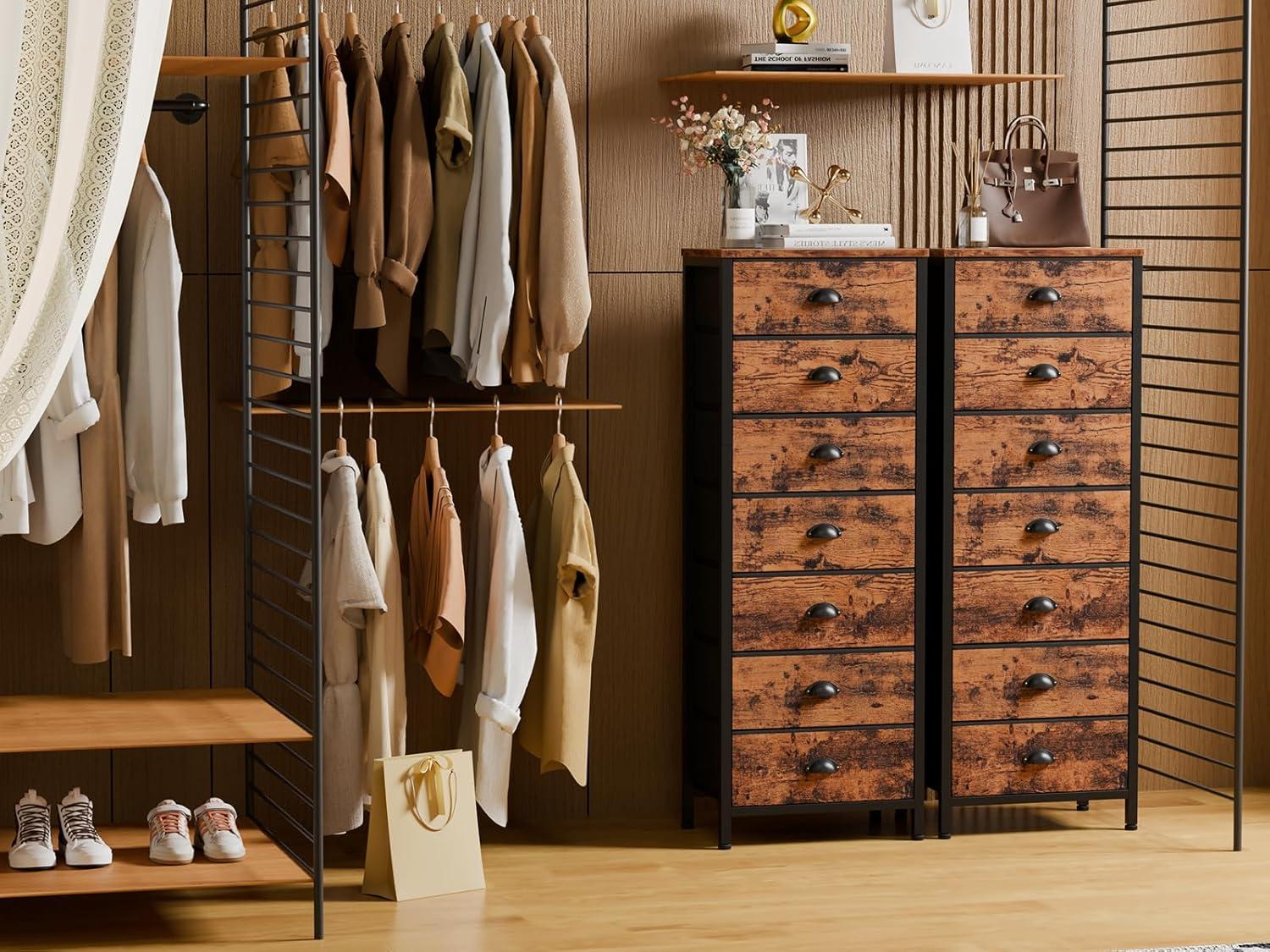 imageFurnulem White Tall Dresser for BedroomVertical Storage Tower Unit and End Table with 6 Fabric Drawers Nightstand Furniture with Drawer Organizer in Living RoomClosetEntrywayHallywayRustic Brown