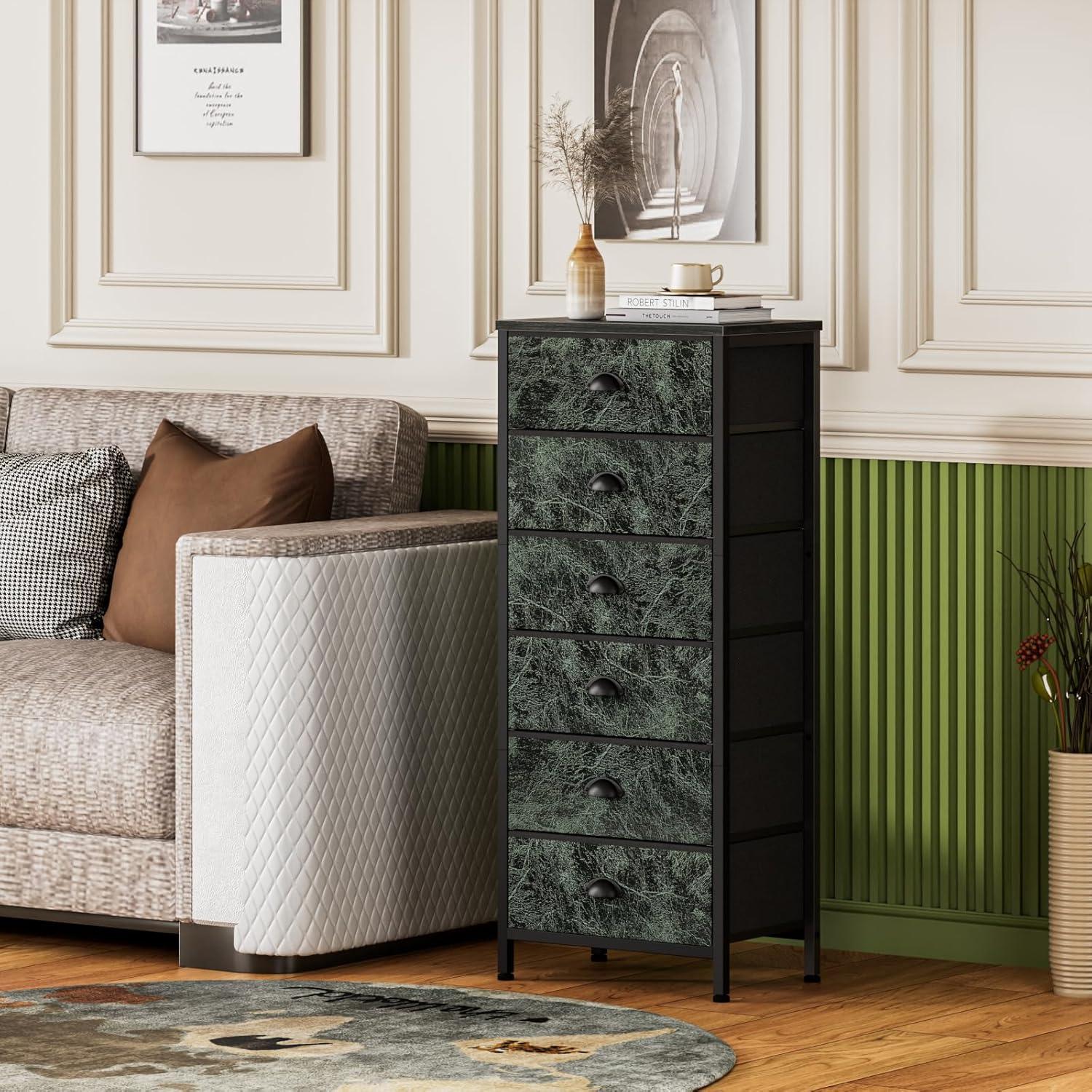 imageFurnulem White Tall Dresser for BedroomVertical Storage Tower Unit and End Table with 6 Fabric Drawers Nightstand Furniture with Drawer Organizer in Living RoomClosetEntrywayHallywayVintage Green