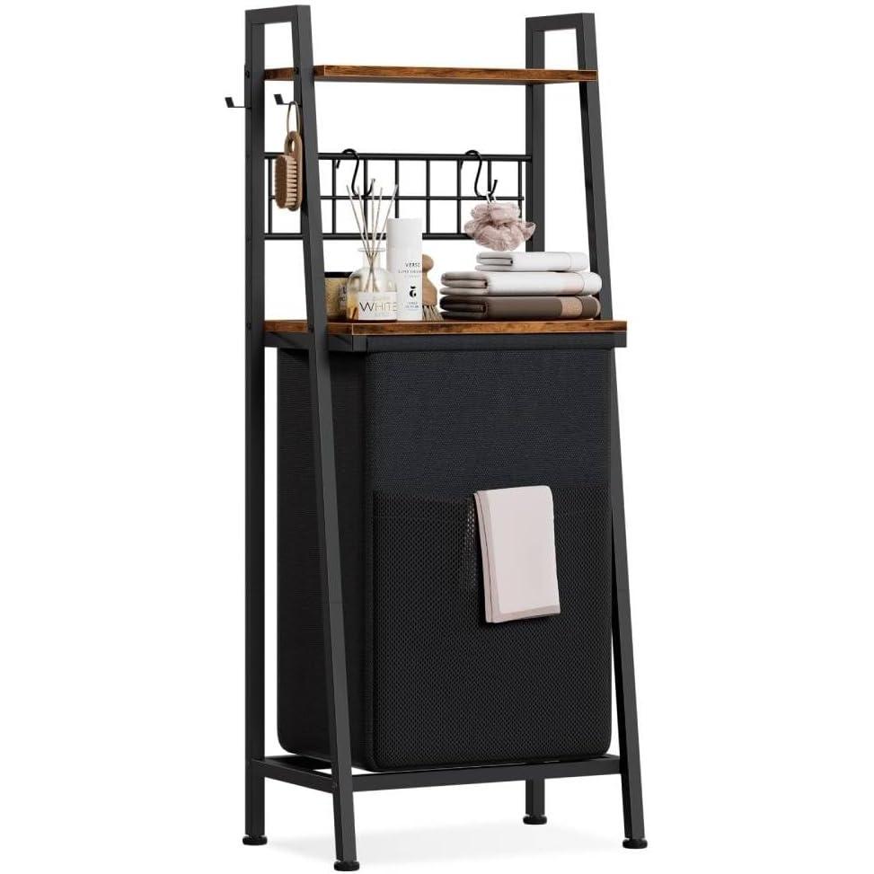 imageFurnulem 4 Tiers Laundry Hamper with Shelf and Hooks Tall Laundry Basket Sorter with 2 Removable Bags Double Clothes Hampers Organizers for Bathroom Bedroom1Bag Laundry Hamper