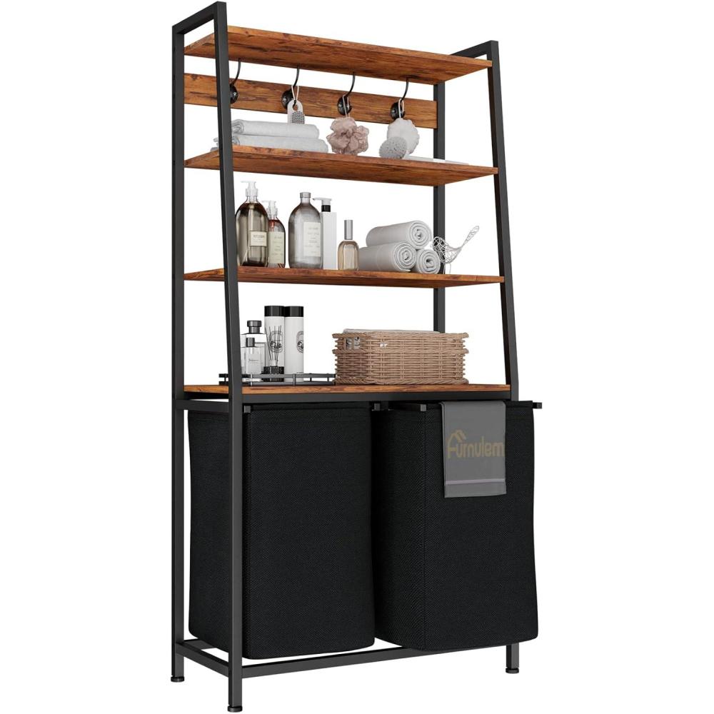 imageFurnulem 4 Tiers Laundry Hamper with Shelf and Hooks Tall Laundry Basket Sorter with 2 Removable Bags Double Clothes Hampers Organizers for Bathroom Bedroom2Bag Laundry Hamper