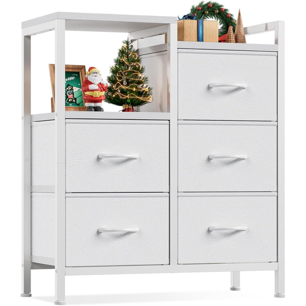 imageFurnulem 5 Drawer White Dressers for Bedroom 2 Tier Shelf Storage Small Fabric Dresser for Closet Sturdy Metal Frame Modern Style Storage Cabinets Organization Units for Hallway RoomsWhite