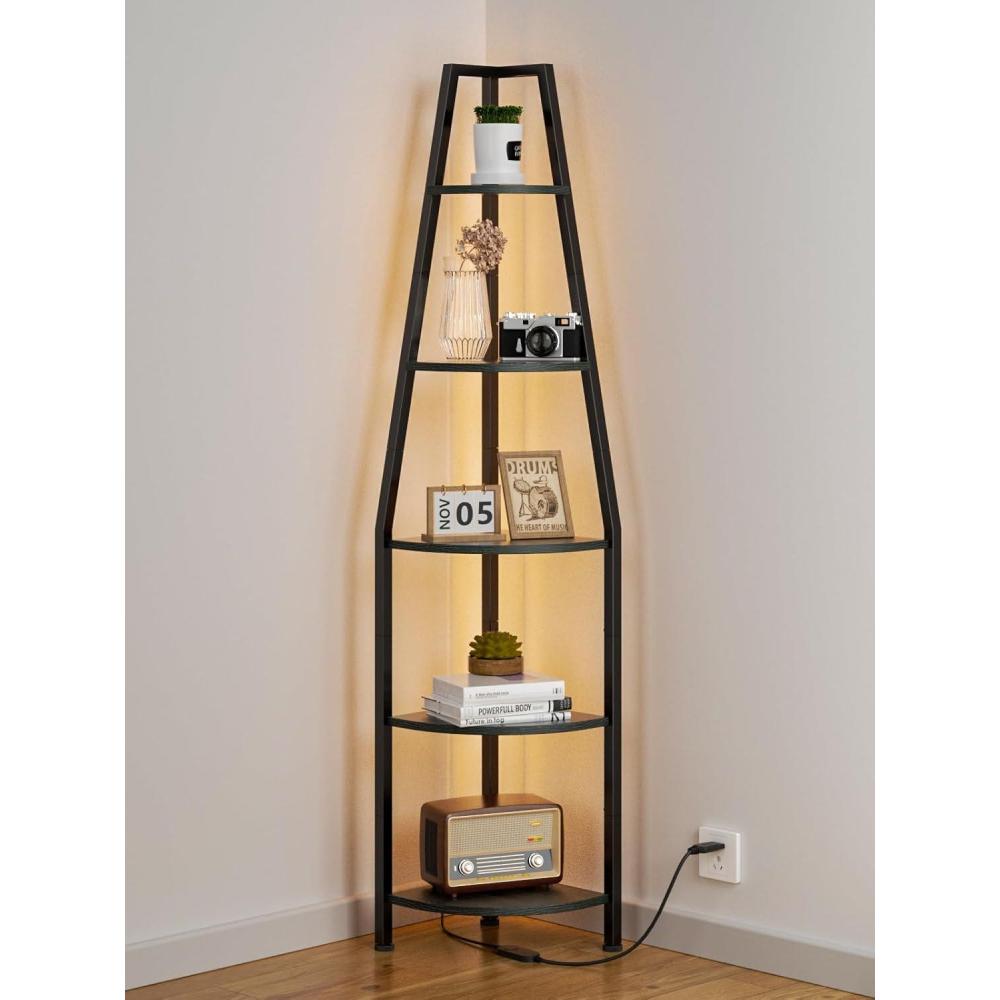 imageFurnulem 5 Tier Corner Shelf with LED Light 672 Tall Standing Shelf for Wall Corner Narrow Bookshelf Ladder Shelf for Bedroom Living Room Plant Wood Storage Rack Metal Frame WhiteBlack Oak