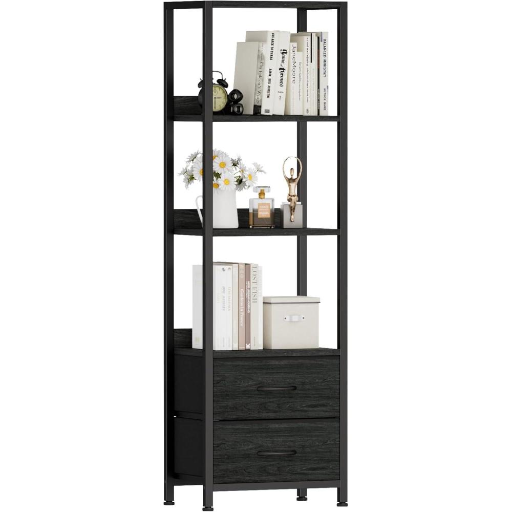 imageFurnulem 5Tier Corner Shelf Narrow Bookshelf with 2 Storage Drawers 6516quot Tall Bookcase Standing Shelf Organizer Unit for Living Room Bedroom Metal Frame Wood Display ShelfBlack OakBlack Oak