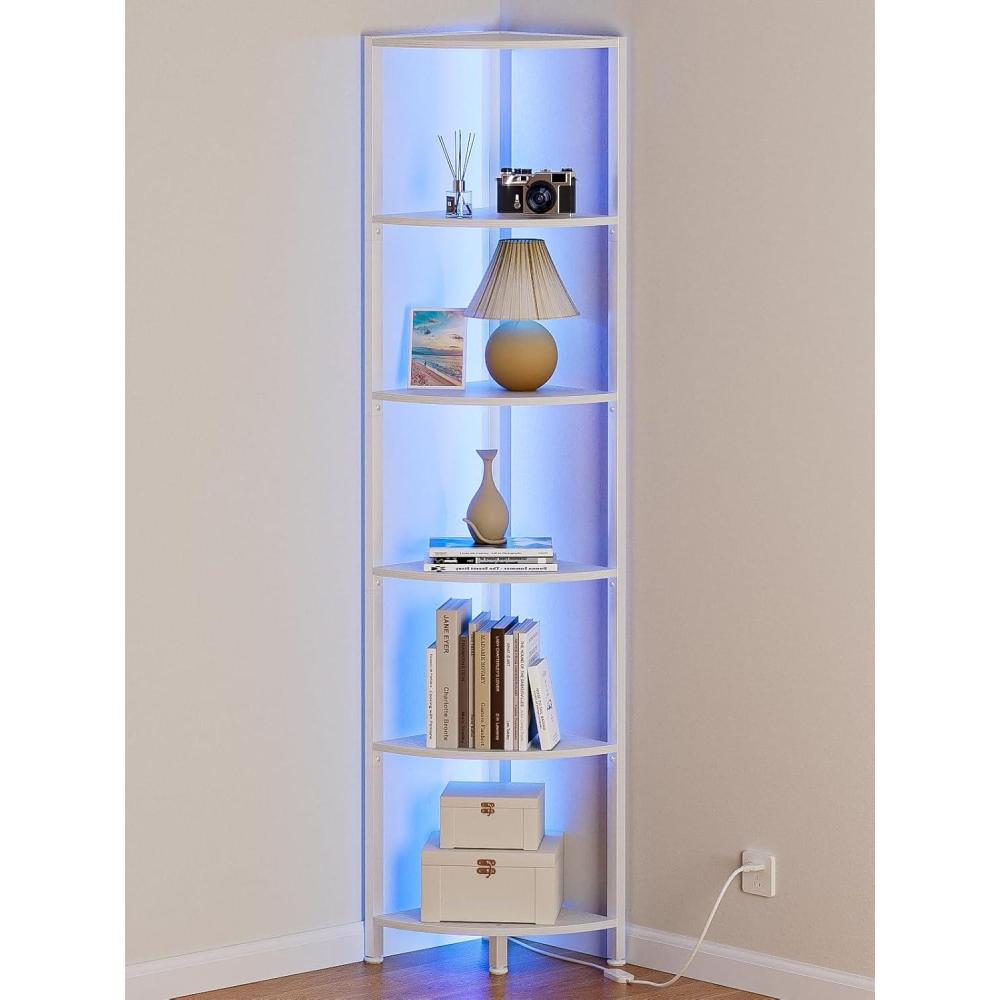 imageFurnulem 6 Tier Corner Shelf with LED Light 675 Tall Standing Shelf Organizer White Narrow Bookshelf with Storage Rack for Wall Corner Living Room Bedroom Metal Frame Wood Display ShelfWhite