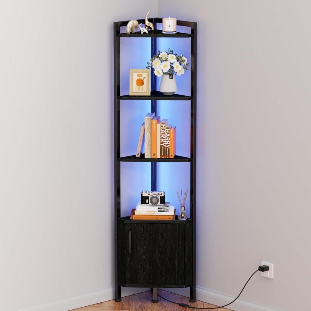 imageFurnulem Corner Shelf5Tier Corner Cabinet with Storage and LED Light 628 Standing Display Bookshelf for Bedroom Living Room Kitchen Wood Display Shelf Rustic BrownBlack Oak