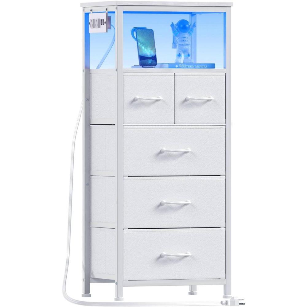 imageFurnulem Dresser for Bedroom Tall Nightstand Vertical Chest with Wood Top Charging Station LED Lights 5 Fabric Bins Bedside Table with Shelf Furniture for Entryway 5 Drawer Rustic BrownWhite