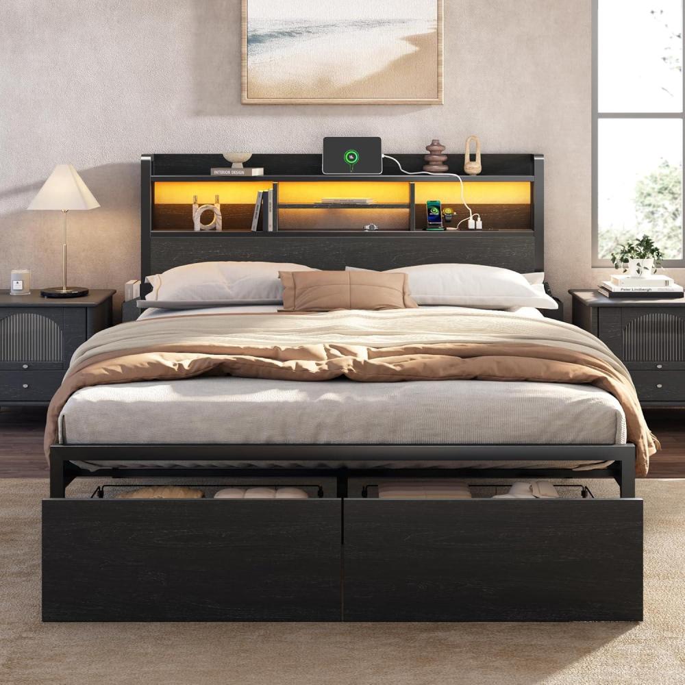 imageFurnulem Full Size Bed Frame with Wood Headboard Metal Platform Bed Frame Full Size with 2 Storage Drawers and Shelf LED Lights and Charging Station No Box Spring Needed Noise Free BlackFull