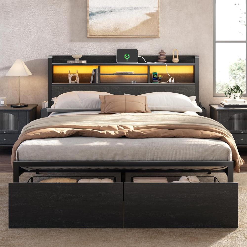imageFurnulem Full Size Bed Frame with Wood Headboard Metal Platform Bed Frame Full Size with 2 Storage Drawers and Shelf LED Lights and Charging Station No Box Spring Needed Noise Free BlackQueen