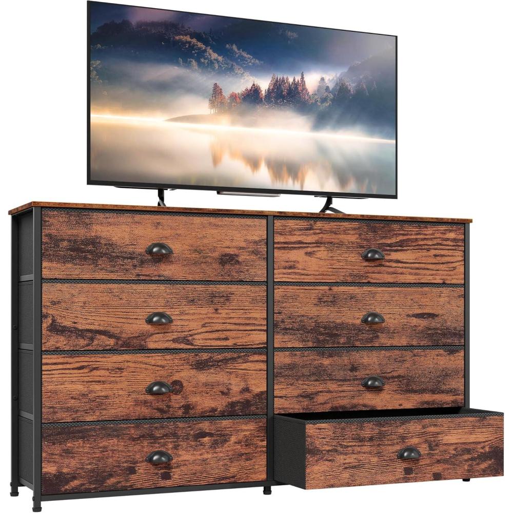 imageFurnulem Long Dresser for Bedroom TV Stand for 55 TV Wide Storage Drawer Unit with 8 Fabric Bins Double Dresser for Bedroom Office Dorm Closet Entryway Wood Top Rustic BrownRustic Brown