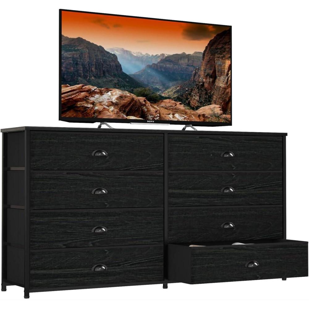 imageFurnulem Long Dresser for Bedroom TV Stand for 55 TV Wide Storage Drawer Unit with 8 Fabric Bins Double Dresser for Bedroom Office Dorm Closet Entryway Wood Top Rustic BrownBlack Oak