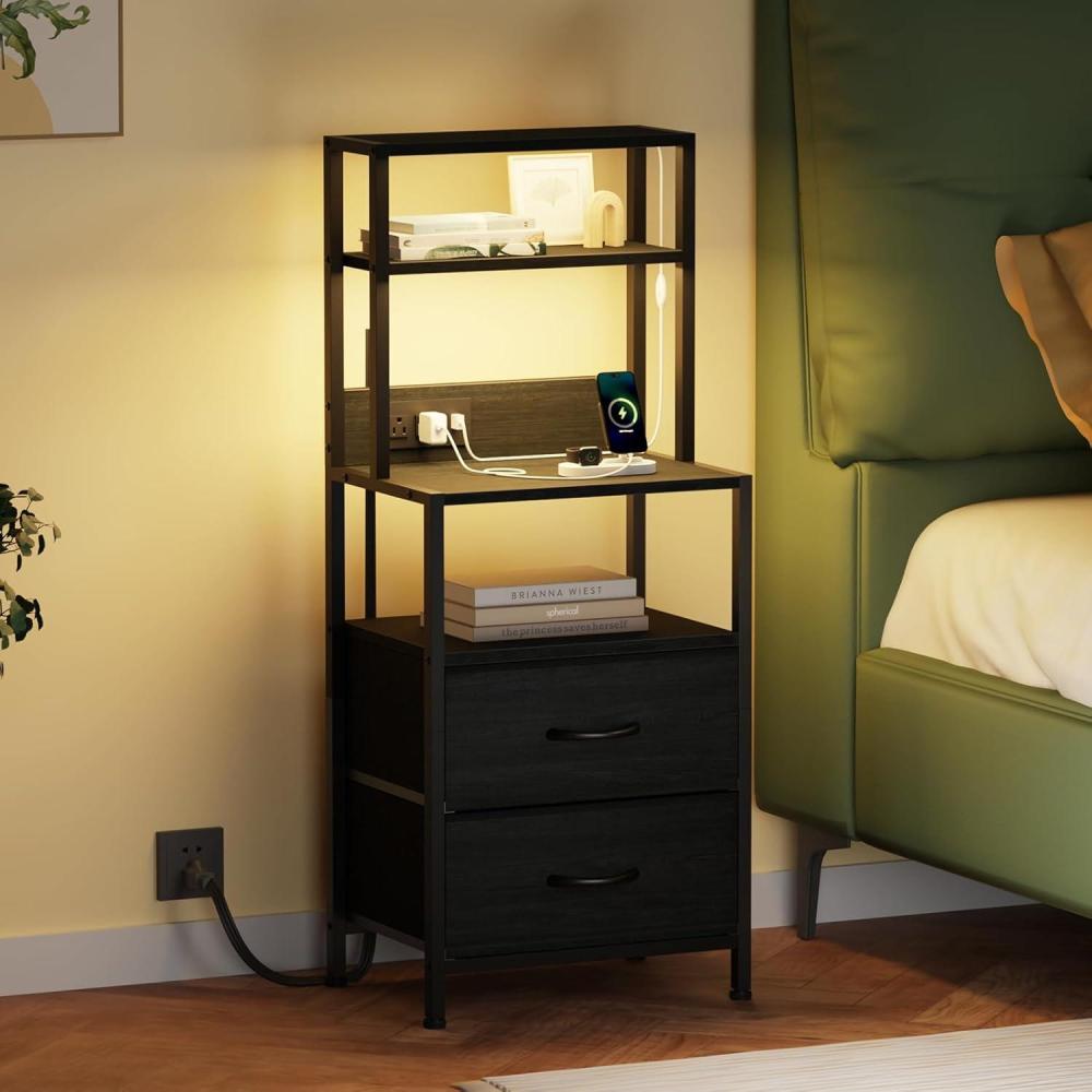 imageFurnulem Night Stand Tall Nightstand with 4Tier Shelves and 3 Fabric Drawers LED Bed Side Tables with Charging Station Bedside Table for Bedroom Hallway Home Office Black OakBlack Oak