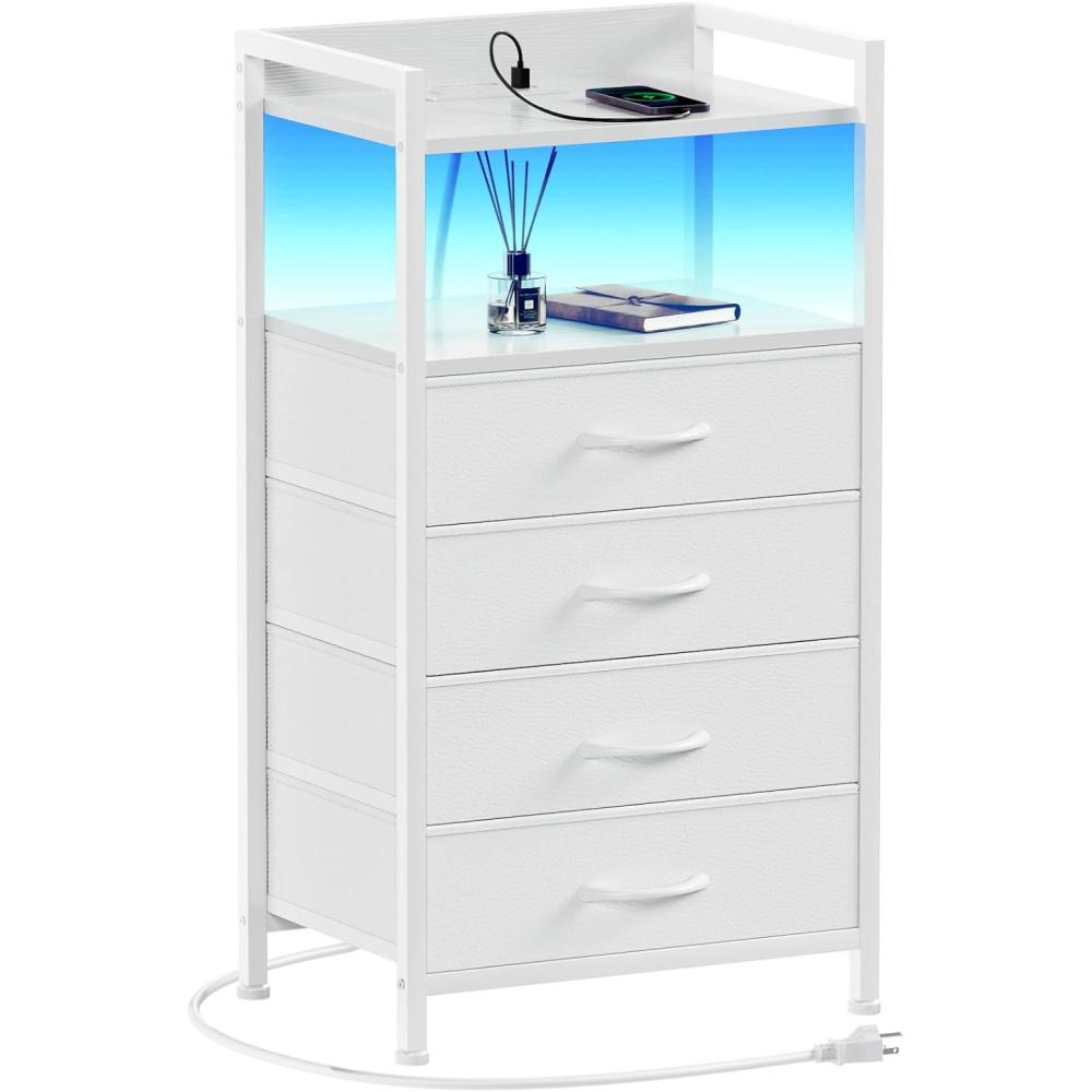 imageFurnulem Night Stand with Charging Station and Led Light 4 Drawer Dresser for Bedroom Small Nightstand Bedside Table Fabric Bins Metal Frame Wood Shelf Side FurnitureRustic BrownWhite