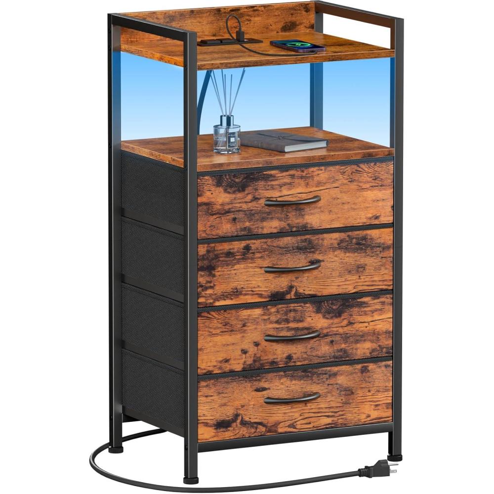 imageFurnulem Night Stand with Charging Station and Led Light 4 Drawer Dresser for Bedroom Small Nightstand Bedside Table Fabric Bins Metal Frame Wood Shelf Side FurnitureRustic BrownRustic Brown