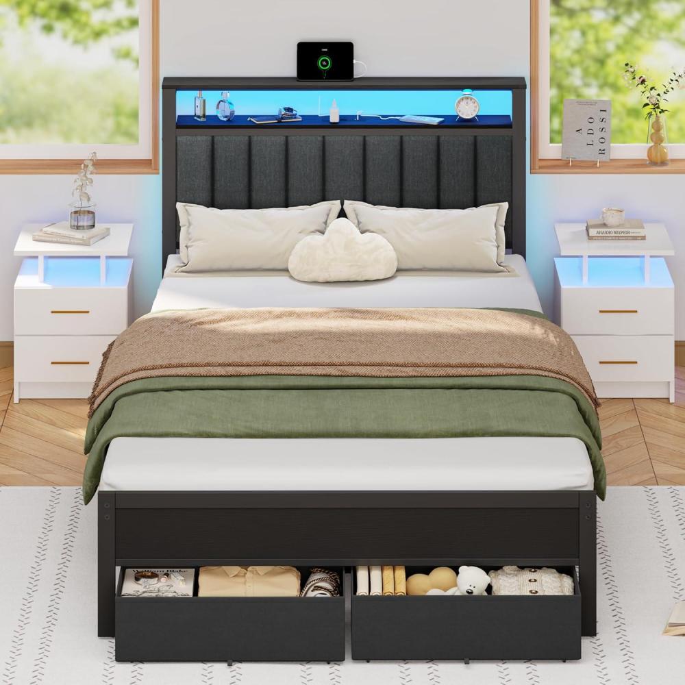 imageFurnulem Queen Bed Frame with Charging Station and LED Lights Grey Upholstered Headboard with Shelves Metal Platform Bed with 2 UnderBed Storage Fabric Drawer on Wheels No Box Spring NeededFull