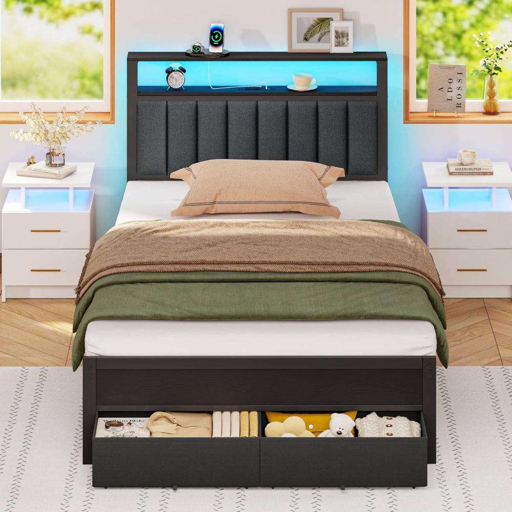 imageFurnulem Queen Bed Frame with Charging Station and LED Lights Grey Upholstered Headboard with Shelves Metal Platform Bed with 2 UnderBed Storage Fabric Drawer on Wheels No Box Spring NeededTwin