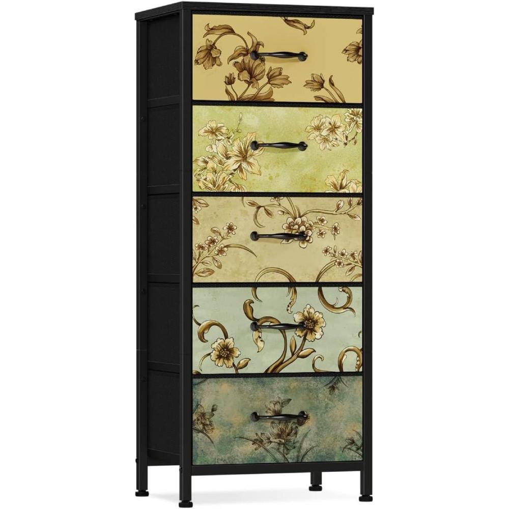 imageFurnulem Tall 6 Drawers Dresser Vintage Storage Organizer Unit with Fabric Bins for Bedroom Living Room Closet Nusery Dorm Entryway Bedside Furniture Sturdy Metal Frame Wood Top118D x 158W x 388H 5 Drawers
