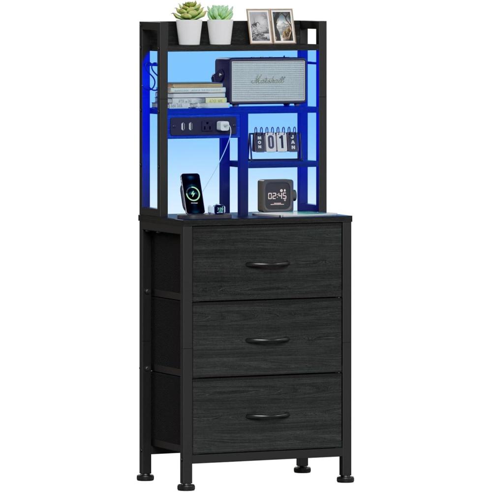 imageFurnulem Tall Night Stand with 3 Fabric Drawers and LED Lights Nightstand with Bookshelf 453inch Tall Bedside Tables with USB Ports in Bedroom Dorm OfficeMetal Frame Wood Shelves Black OakBlack Oak