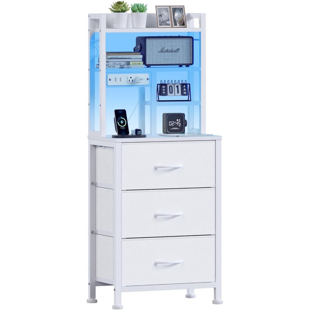 imageFurnulem Tall Night Stand with 3 Fabric Drawers and LED Lights Nightstand with Bookshelf 453inch Tall Bedside Tables with USB Ports in Bedroom Dorm OfficeMetal Frame Wood Shelves Black OakWhite