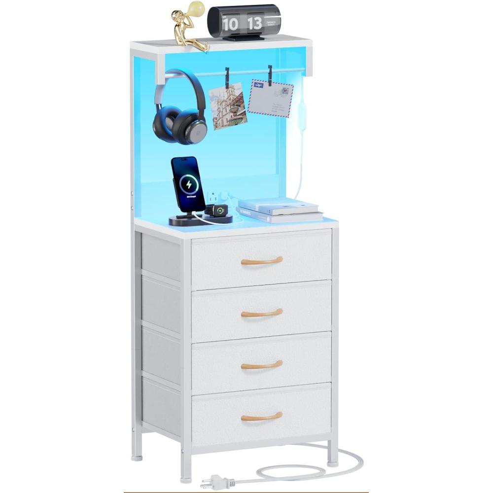 imageFurnulem Tall Nightstand with Charging Station Night Stands with LED Lights and Storage Shelves Bed Side Table for Bedroom Hallway Office 4 Fabric Drawers Black OakWhite