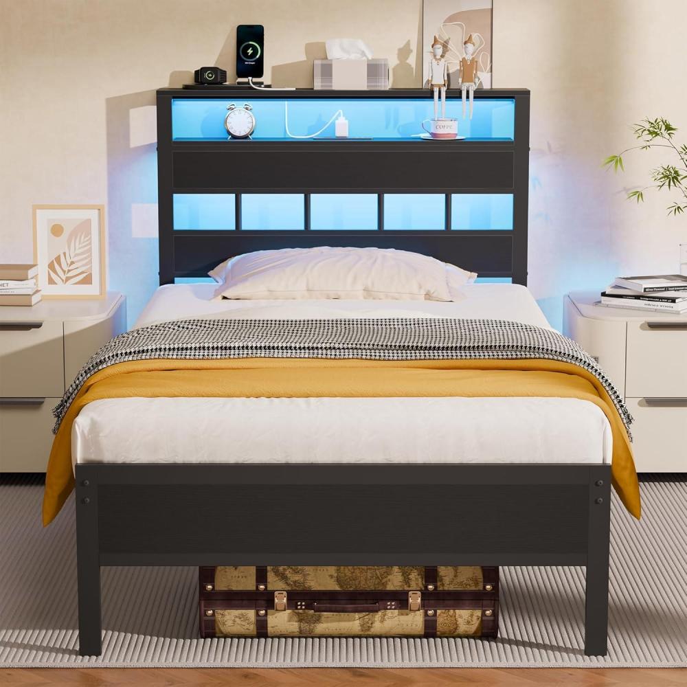 imageFurnulem Twin Bed Frames with Charging Station and LED Lights Twin Size Platform Bed with Metal Slats Wood Headboard with 2Tier Storage Shelves No Box Spring Needed Black OakBlack Oak