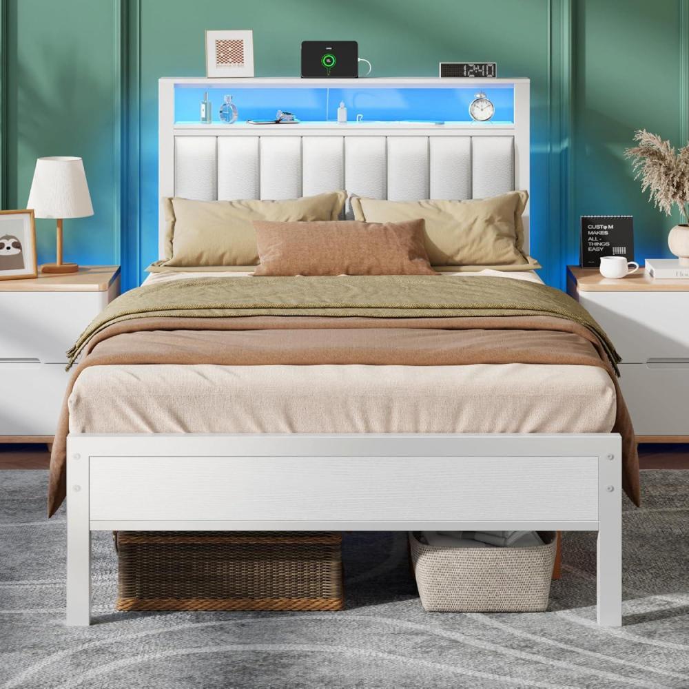 imageFurnulem Twin Size Bed Frame with Charging Station and LED Lights Platform Bed with Metal Slats Grey Upholstered Headboard with 2Tier Storage Shelves No Box Spring NeededWhite
